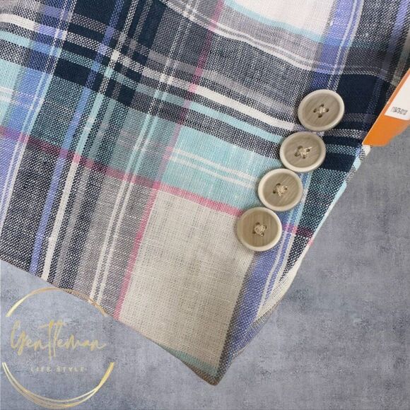 $295 TALLIA 48R Blue/Navy Glen Plaid Linen Blazer Sport Coat 2-Button Jacket - Picture 5 of 9